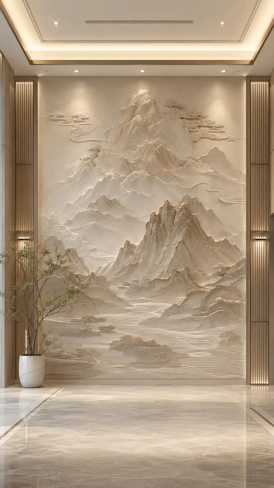 松壑听泉，山水意境浮雕空间效果参考