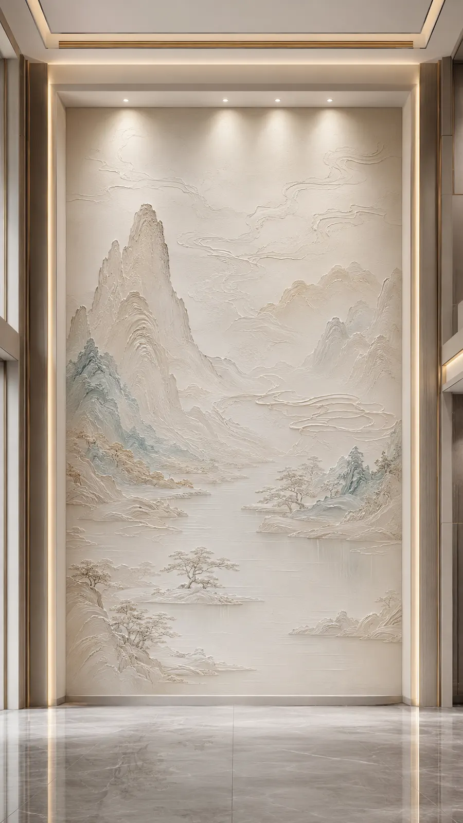 静水遥峰，山水意境浮雕空间效果参考